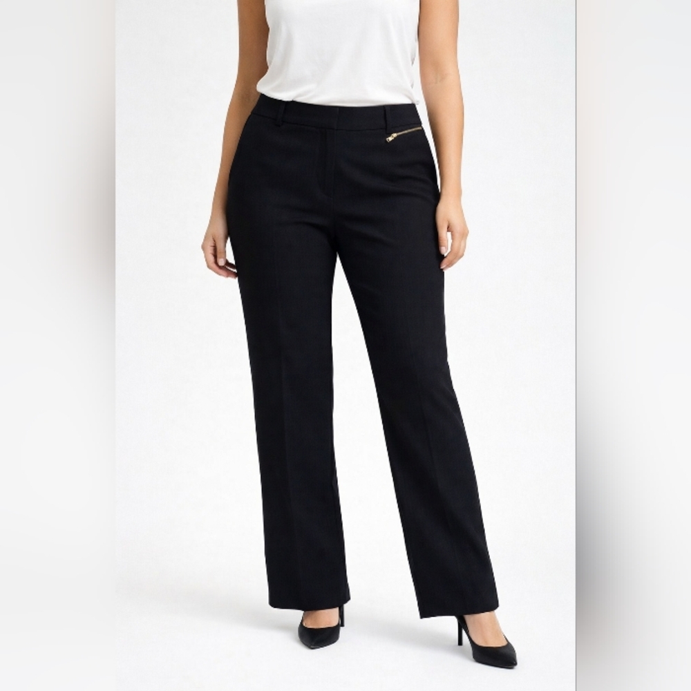 Anne Klein Women Black Straight Leg Pants with Gold Zipper